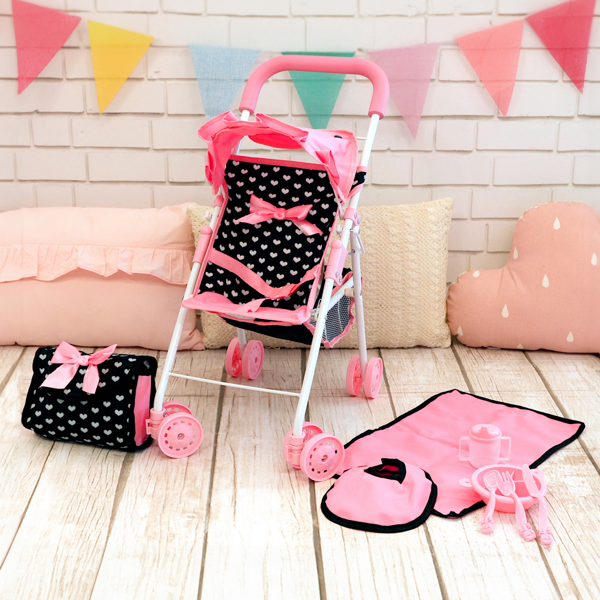 Bayer Design Puppen-Buggy + Wickeltasche Set schwarz rosa Herzchen TOP |  eBay.de