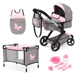 Bayer Design Kombi-Puppenwagen Xeo Mega Set Schmetterling grau-rosa