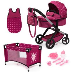 Bayer Design Kombi-Puppenwagen Xeo Mega Set Punkte Fee Bordeaux