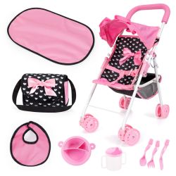 Bayer Design Puppen-Buggy + Wickeltasche Set schwarz rosa Herzchen