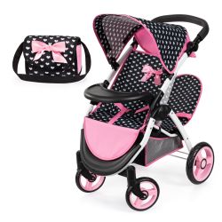 Bayer Design Zwillings-Puppenwagen Twin Star schwarz rosa Herzchen