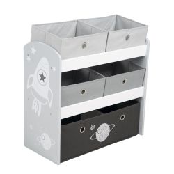Roba Kids Spielregal Rakete, Spielzeugregal mit 5 Stoffboxen, Spielregal