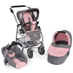 Bayer Chic 2000 3in1 Kombi Puppenwagen Kinderwagen EMOTION ALL IN grau-rosa