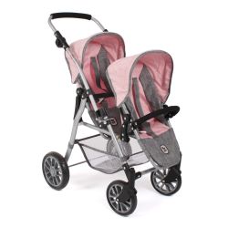 Bayer Chic 2000 Puppen Tandem-Buggy TWINNY Melange grau-rosa