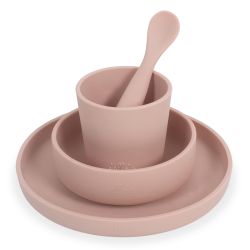 Jollein Kinder Geschirrset Silicon 4-tlg Teller Schale Becher Löffel pale pink