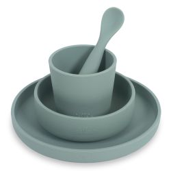 Jollein Kinder Geschirrset Silicon 4er Teller Schale Becher Löffel ash green