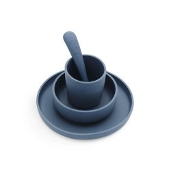 Jollein Kinder Geschirr Set Siliconen, Teller Schale Becher Löffel  jeans blue