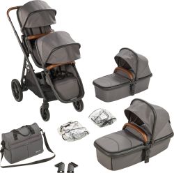 BabyGO Duo Geschwisterwagen Zwillingswagen Gestell grau Griff braun