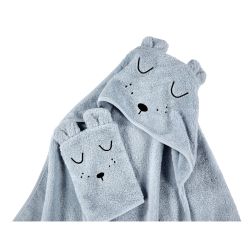 Alvi Kapuzen-Badetuch & Waschhandschuh hellblau Frottier mit Stickerei Faces