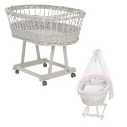 Alvi Stubenwagen Birthe silbergrau 80x46 cm mit Stubenwagenset Cats rosa