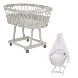 Alvi Stubenwagen Birthe silbergrau 80x46 cm mit Stubenwagenset Little Dots rose