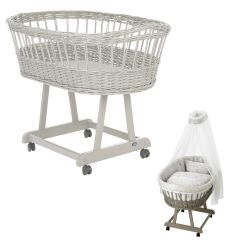 Alvi Stubenwagen Birthe silbergrau 80x46 cm mit Stubenwagenset Streifenbär beige