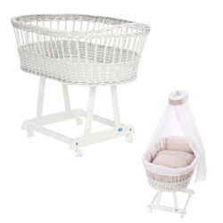 Alvi Stubenwagen Birthe weiß 80x46 cm mit Stubenwagenset Raute rosa