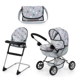 Bayer Design Puppenwagen Set Cosy Hochstuhl Wickeltasche grau Sterne