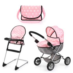 Bayer Design Puppenwagen Set Cosy Hochstuhl Wickeltasche rosa Sterne