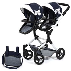 Bayer Design Zwillings-Puppenwagen Twin Neo blau Schleife Wickeltasche