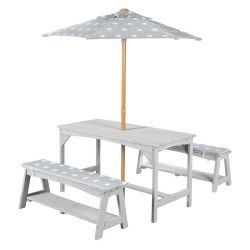 Roba Sitzgruppe Outdoor+ 1 Tisch 2 Bänke Sonnenschirm & Sitzauflagen Grau