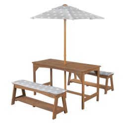 Roba Sitzgruppe Outdoor+ 1 Tisch 2 Bänke Sonnenschirm & Sitzauflagen Teak