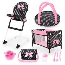 Bayer Design Reise Set 9 in 1 Bett Hochstuhl mit Zubehör rosa schwarz Herzchen
