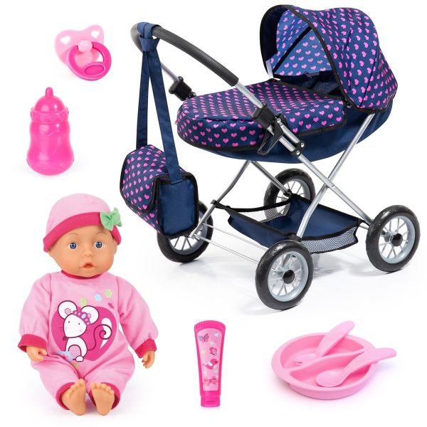 Bayer Design Puppenwagen Set mit Puppe Herzchen dunkelblau rosa |  baby-direkt Online-Shop