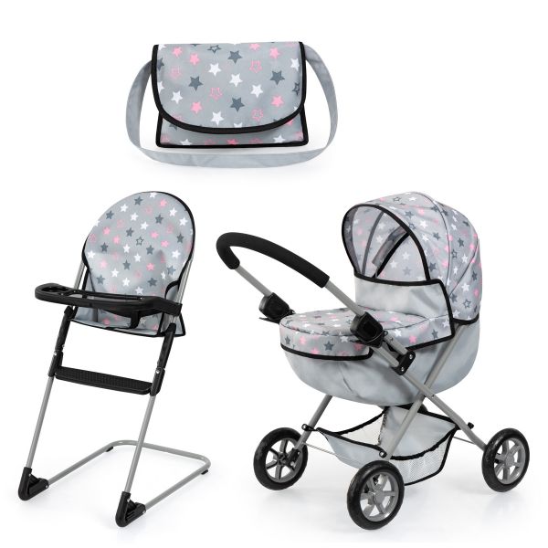 Bayer Design Puppenwagen Set Cosy Hochstuhl Wickeltasche grau Sterne |  baby-direkt Online-Shop
