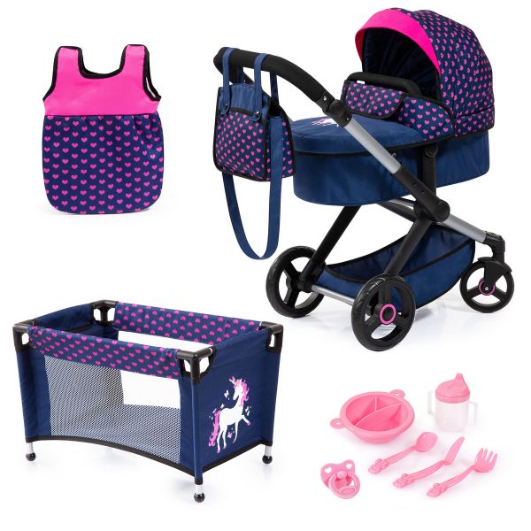 Bayer Design Kombi-Puppenwagen Xeo Mega Set Herzchen blau-pink |  baby-direkt Online-Shop