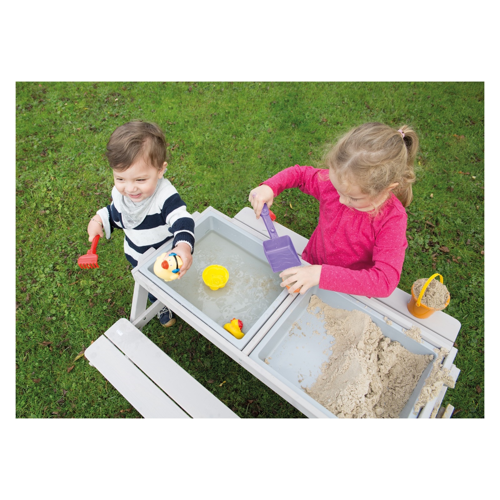 Roba Kids Kindersitzgarnitur Outdoor mit Spielwannen grau wetterfeste Massivholz